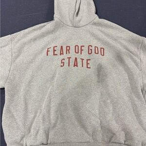 Essentials Gray Hoodie with Red Text